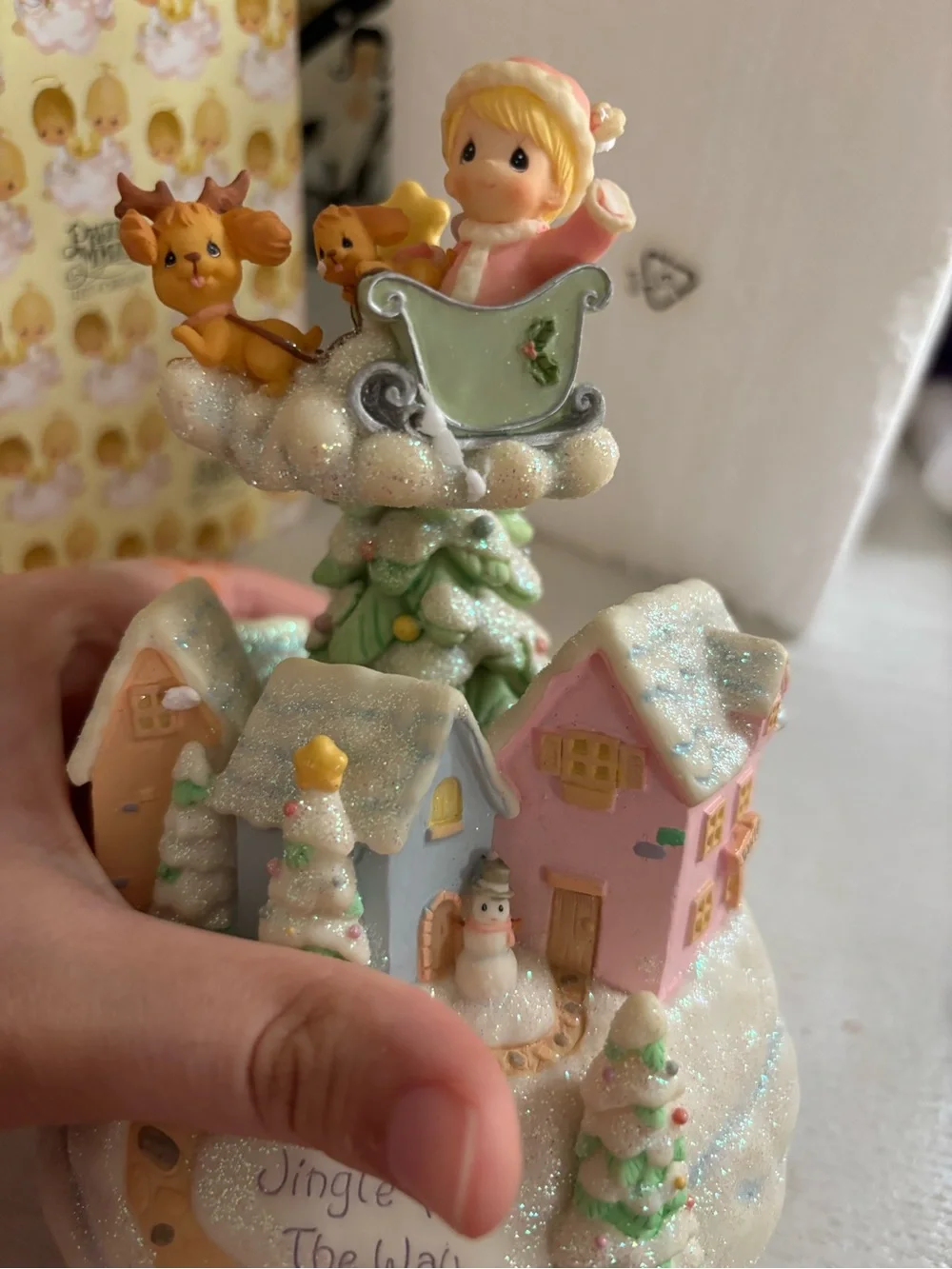 Precious Moments pastel pink and mint glitter holiday village figurine